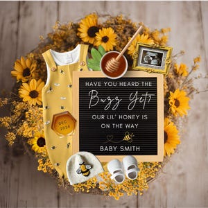 Honig Schwangerschaftsankündigung mit Sonnenblumen, Sommer-Baby-Enthüllung, kundenspezifische digitale Ankündigung für neues Baby, Canva-Vorlage