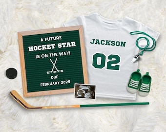 Hockey Star Pregnancy Announcement, Green Baby Boy Announcement, Baby Reveal Card, Digital Pregnancy Announcement, Editable Canva Template