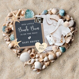 Schwangerschaftsankündigung am Strand, Muscheln Design, Digitale Canva Vorlage, neues Baby unterwegs, druckbare Schwangerschaftsankündigung