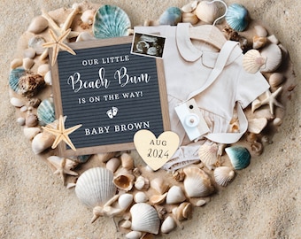 Anuncio de embarazo con temática de playa, diseño de conchas marinas, plantilla de Canva digital, nuevo bebé en camino, anuncio de embarazo imprimible