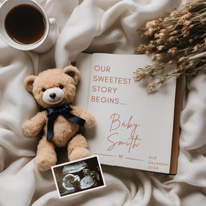 Unsere neue Geschichte Schwangerschaftsankündigung, digitale Canva-Vorlage, personalisierte Baby-Enthüllung, Babyankündigung mit Buchmotiven