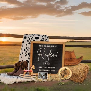 Eerste rodeo-zwangerschapsaankondiging, cowboythema-zwangerschapsonthulling, western baby-onthulling, digitale canvassjabloon, western Vaderdagcadeau