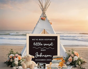 Anuncio de embarazo en la playa de género neutro, tarjeta de espera impresa en casa, plantilla personalizable para Canva, anuncio de pis en la playa