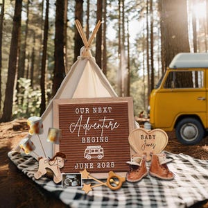Little Camper-zwangerschapsaankondiging, Outdoors Baby Reveal met babyscan, bewerkbare canvassjabloon, campingbabyaankondiging