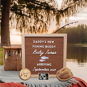 Zwangerschapsaankondiging met visserijthema, digitale download, gepersonaliseerde canvasjabloon, papa's nieuwe vismaatje, Nature Baby Reveal-idee
