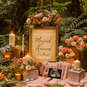 Magical Fairy Garden Schwangerschaftsankündigung, Digitale Babyankündigung für Babymädchen, personalisierte Canva Vorlage, Baby Girl Reveal Post
