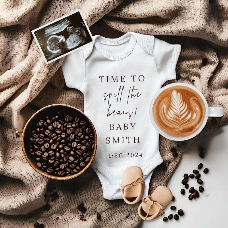 Spill the Beans Pregnancy Announcement, Coffee Pregnancy Reveal, Digital Template On Canva, Personalized Baby Reveal