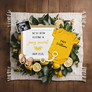 Zitronen Schwangerschaftsankündigung, digitale Vorlage für Canva, rustikale Ankündigung für neues Baby, kundenspezifische Ankündigung mit Baby-scan