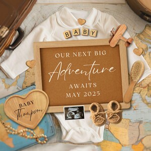 Faire-part de grossesse nouvelle aventure, faire-part de grossesse voyage, modèle de toile modifiable pour faire-part de bébé, cadeau future grand-mère