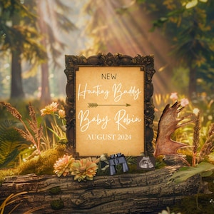 Anuncio de embarazo de Hunting Buddy, revelación digital del bebé, plantilla de Canva editable, tarjeta de revelación del bebé varón, revelación del bebé al aire libre