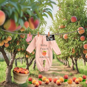Baby Peach Schwangerschaftsankündigung, bearbeitbare Baby Reveal, Obst Schwangerschaft Reveal mit Baby Scan, digitale Karte für neues Baby, Canva Vorlage