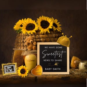 Honig-Schwangerschaftsankündigung mit Sonnenblumen, digitale Baby-Enthüllung, benutzerdefinierte Enthüllung für neues Baby, Canva-Vorlage, Honig-Schwangerschaftsenthüllung