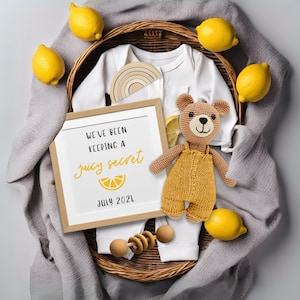 Faire-part de grossesse avec ours en peluche et citrons, modèle de toile numérique, cadeau pour les grands-parents, faire-part de sexe neutre pour le nouveau bébé