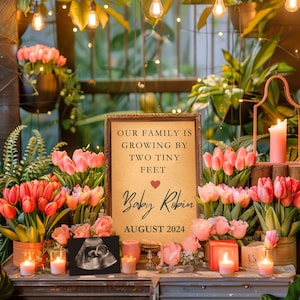 Wir wachsen Schwangerschaftsankündigung, Baby Girl Reveal, digitale Babyankündigung mit rosa Tulpen, bearbeitbare Canva-Vorlage