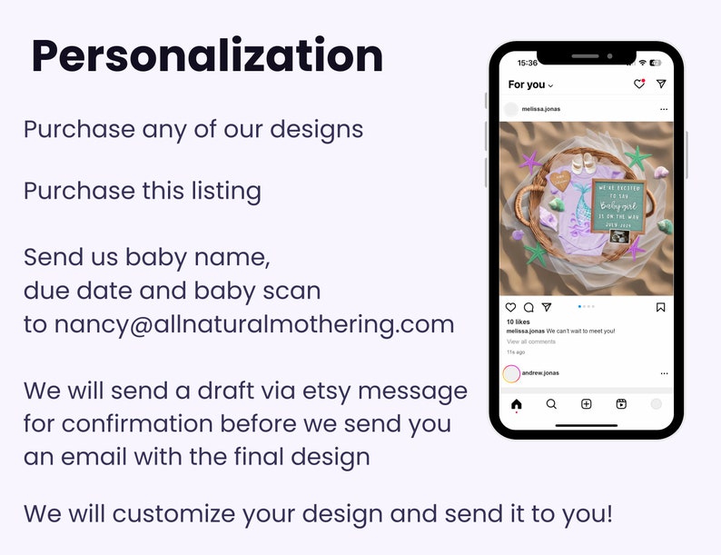 Puede incluir: Una captura de pantalla de una publicaci&oacute;n de Instagram que muestra un anuncio personalizado de baby shower. El anuncio presenta un body morado con un dise&ntilde;o de sirena, un letrero que dice "Estamos esperando una ni&ntilde;a" y una imagen de la ecograf&iacute;a del beb&eacute;. La publicaci&oacute;n incluye el texto "&iexcl;No podemos esperar a conocerte!"