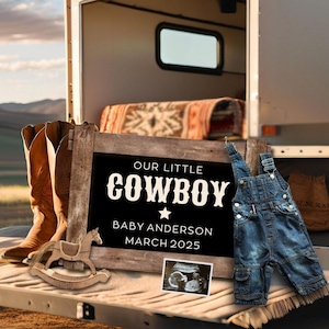 Cowboybabyaankondiging, babycowboy-zwangerschapsonthulling, digitale babyonthulling, sjabloon voor canvas, cowboythema papa als cadeau