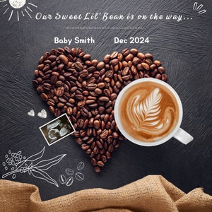 Kaffeebohnen Herz Schwangerschaftansage, Kaffee Schwangerschaft Reveal, personalisierte digitale Vorlage auf Canva, bearbeitbare Baby Reveal