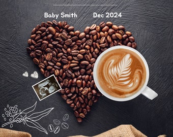 Coffee Beans Heart Pregnancy Announcement, Coffee Pregnancy Reveal, Personalized Digital Template On Canva, Editable Baby Reveal