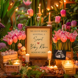 Secret Garden Schwangerschaftsankündigung, digitale Babyankündigung, bearbeitbare Canva-Vorlage, personalisierte Schwangerschaftsmitteilung mit Tulpen