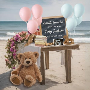 Geschlechtsneutrale Schwangerschaftsankündigung, Unisex-Babyankündigung, bearbeitbare Canva-Vorlage, digitaler Download, Stranddesign