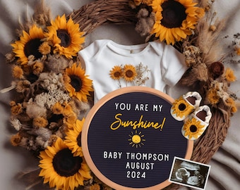 You Are My Sunshine Pregnancy Announcement With Sunflowers, Template For Canva, Digital Expecting Card For New Baby, Grandparents Gift