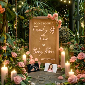 Fairy Garden Schwangerschaftsankündigung, digitale Babyenthüllung mit Blumen und Kerzen, Babymädchen enthüllen Post, bearbeitbare Canva-Vorlage