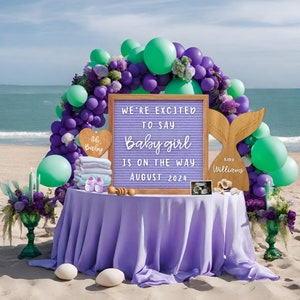 Lila Mädchen Strand Schwangerschaftsankündigung, bearbeitbare Canva Vorlage, Baby Girl erwartet Karte mit Luftballons, Geschenk für Großeltern