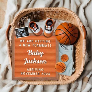 Neues Team Mate Baby offenbaren, Basketball-Schwangerschaftsankündigung, Sportankündigung für Baby, digitale Canva-Vorlage