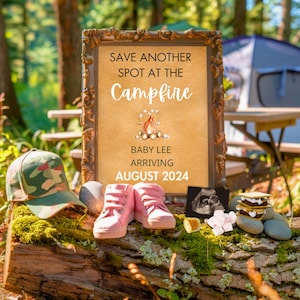 Smores Baby Reveal, Digitale Vorlage auf Canva, Camping Themed Schwangerschaftsankündigung, Outdoor Baby Ankündigung, Natur Baby Reveal