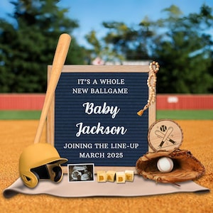 Annuncio di gravidanza per una nuova partita di baseball, annuncio di baseball digitale per un maschietto, modello Canva modificabile, rivelazione del maschietto
