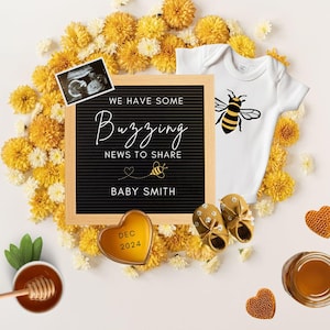 Buzzing News Schwangerschaftansage mit Bienen, Baby offenbaren, benutzerdefinierte digitale offenbaren für neues Baby, Canva-Vorlage, Bienen Schwangerschaft enthüllen