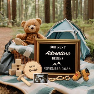 Faire-part de grossesse aventure, faire-part de grossesse numérique avec numérisation de bébé, modèle de toile modifiable, faire-part de camping de bébé