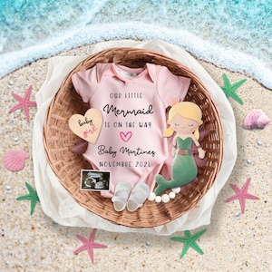 Meerjungfrau-Schwangerschaftsankündigung, Strand-Thema, die Karte für Babymädchen erwartet, digitale Canva-Vorlage mit Personalisierung