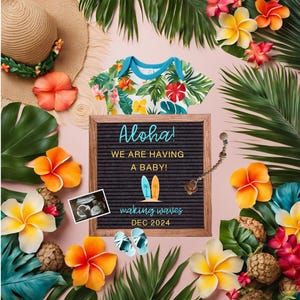 Aloha-zwangerschapsaankondiging, Hawaii Baby Reveal, Surfing Pregancy Reveal, digitale canvassjabloon, surfthema Baby Reveal