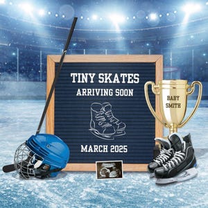 Tiny Skates Hockey Schwangerschaftsankündigung, blaue Babyjungen-Enthüllung, digitale Baby-Enthüllung, benutzerdefinierte Schwangerschaftsankündigung, bearbeitbare Canva-Vorlage