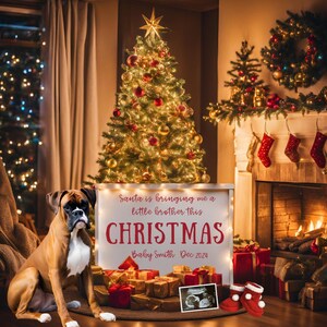 Weihnachts-Schwangerschaftsankündigung mit Boxer, Baby Reveal mit Hundemotiven, Weihnachtsankündigung für Baby, Digitale Canva Vorlage
