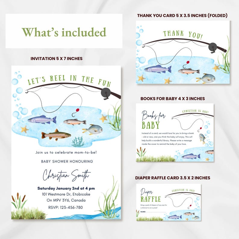 Fish Theme Raffle Fishing Themed Baby Shower Invitation, Canva Template Bundle, Diaper ...