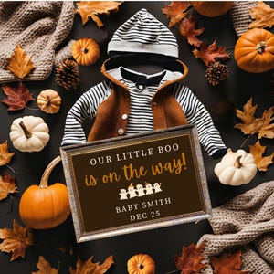 Halloween Baby Reveal, Herbst Baby Boy Schwangerschaftsankündigung, Digitale Baby Reveal mit Herbstblättern und Kürbissen, bearbeitbare Canva Vorlage