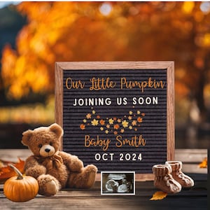 Herbst-Baby-Enthüllung, Kürbis-Schwangerschaftsankündigung, personalisierte digitale Enthüllung für Herbst-Baby, Canva-Vorlage, Teddybär-Baby-Enthüllung