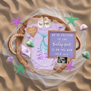 Faire-part de grossesse violet pour petite fille, modèle numérique pour toile, carte de grossesse sur le thème de la plage, faire-part de bébé à imprimer à la maison