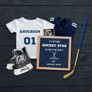 Zukünftiger Hockey Star Schwangerschaftsankündigung, Baby Boy Reveal Card, digitale Schwangerschaftsankündigung, bearbeitbare Canva-Vorlage