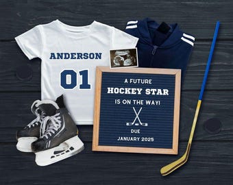 Future Hockey Star Pregnancy Announcement, Baby Boy Reveal Card, Digital Pregnancy Announcement, Editable Canva Template