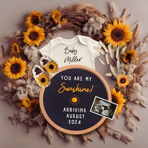 Boho Schwangerschaftansage mit Sonnenblumen, anpassbare Vorlage für Canva, personalisierte digitale Erwartungskarte, Geschenk für Großeltern