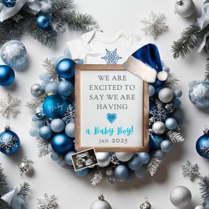 Weihnachten Baby Boy Schwangerschaftsankündigung, Blaue Baby Boy Reveal, Digitale Canva Vorlage, Weihnachtsankündigung für die Schwangerschaft mit Baby Boy
