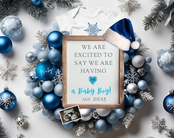 Christmas Baby Boy Pregnancy Announcement, Blue Baby Boy Reveal, Digital Canva Template, Christmas Announcement For Pregnancy with Baby Boy