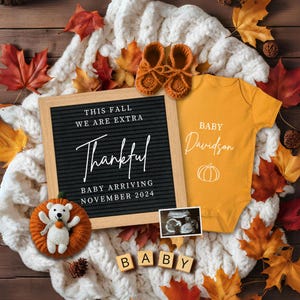 Schwangerschaftsankündigung im Herbst, personalisierte digitale Babyenthüllung, Canva-Vorlage für Babyankündigung, Herbstbabyenthüllung