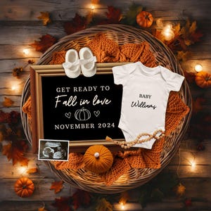 Gemütliche Herbst-Schwangerschaftsankündigung, Benutzerdefinierte Schwangerschaftsmitteilung mit Baby-scan, Canva-Vorlage für neues Baby, Herbstschwangerschaftsankündigung