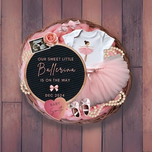 Ballerina Schwangerschaftansage, neues Babymädchen enthüllen, bearbeitbare Canva-Vorlage, digitale Erwartungskarte, Ballerina-Baby offenbaren