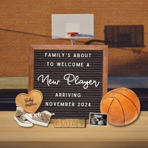 Neue Basketball Player Schwangerschaftsankündigung, Sport Babyankündigung, digitale Canva-Vorlage, Sportbabyenthüllung, bearbeitbare Vorlage