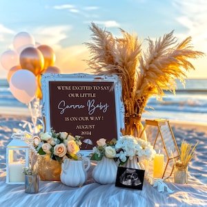 Schwangerschaftsankündigung für Sommer-Baby, Digitale Canva-Vorlage, Strand-Schwangerschaftsankündigung, Boho-Ankündigung für neues Baby